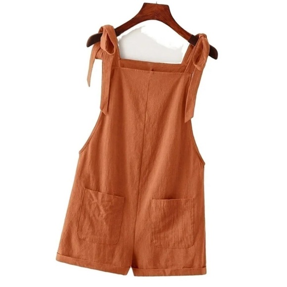 Tie Knot Strap Overall Shorts Pocket Jumpsuit Rust Brown - Picture 1 of 2